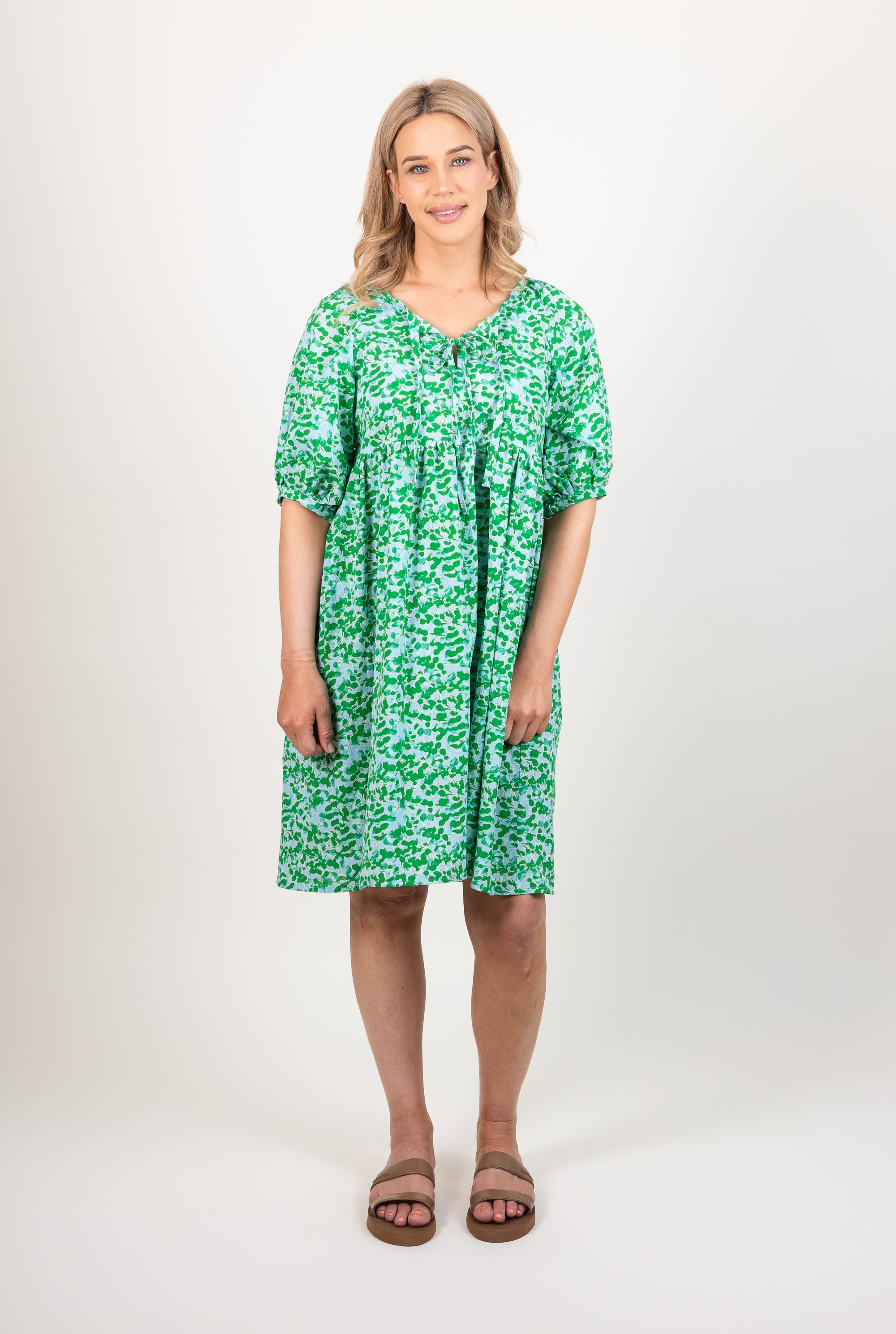 Ames Store Summer Cotton Seersucker Dress Green Blue Print