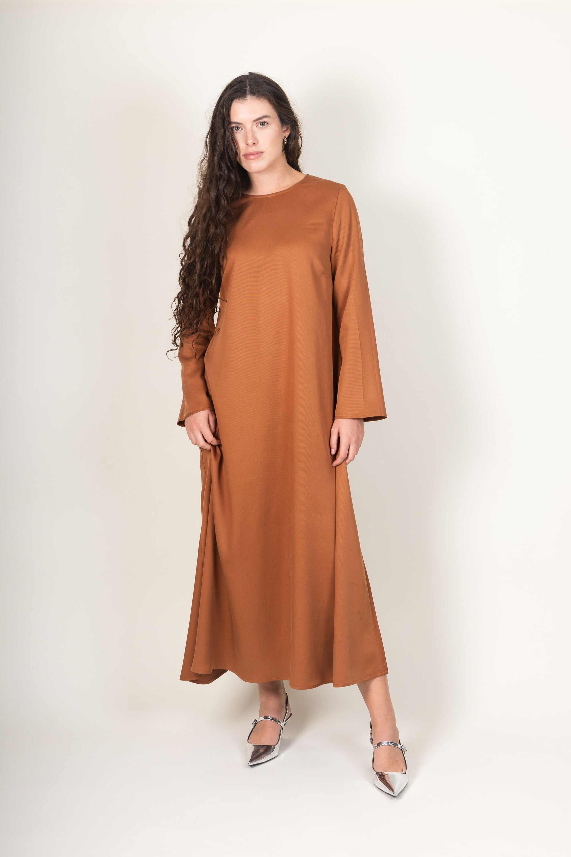 Ames Store Staple Dress in Bronze Winter dress front with silver heels