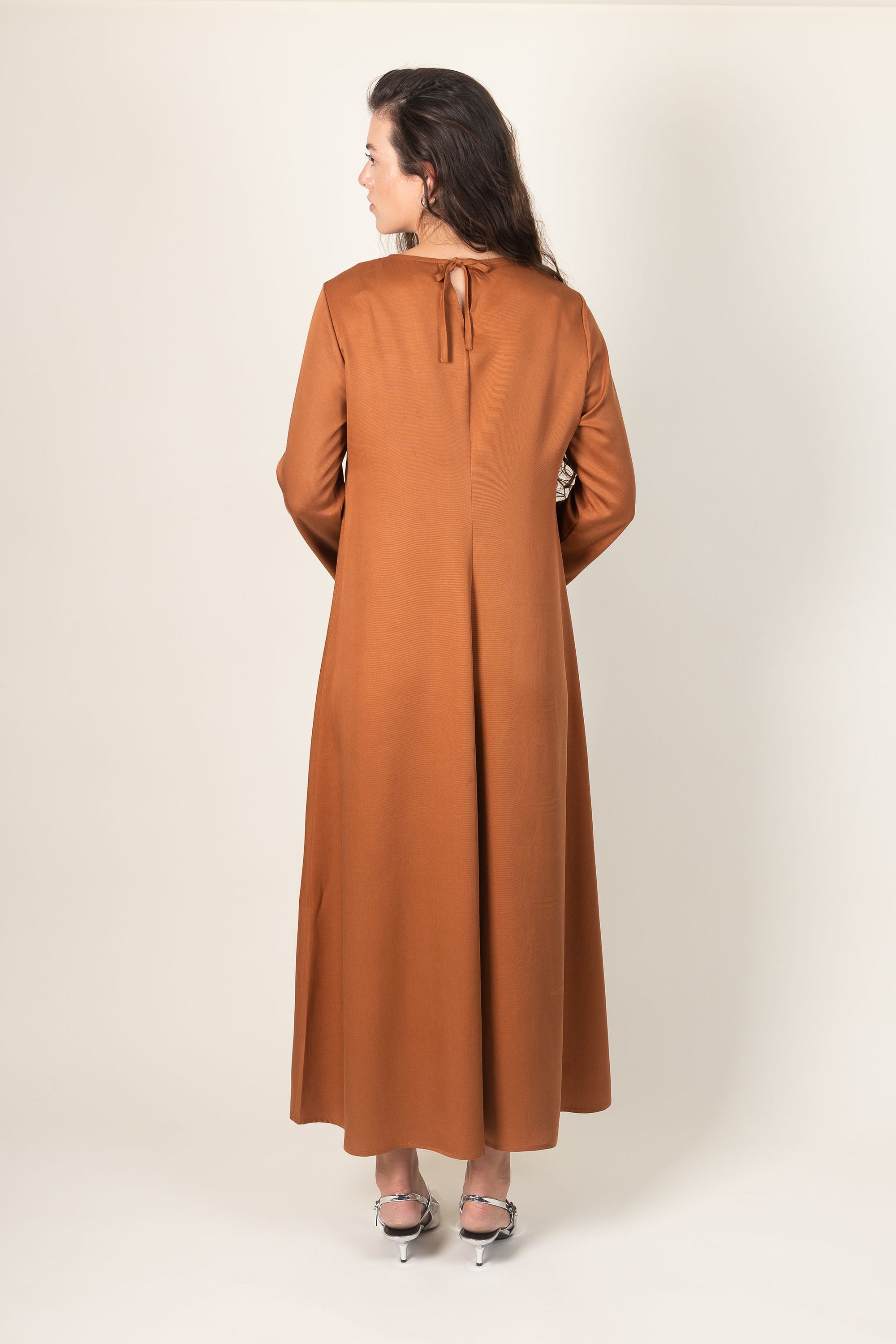 Ames Store Staple Dress in Bronze Winter dress back with heels
