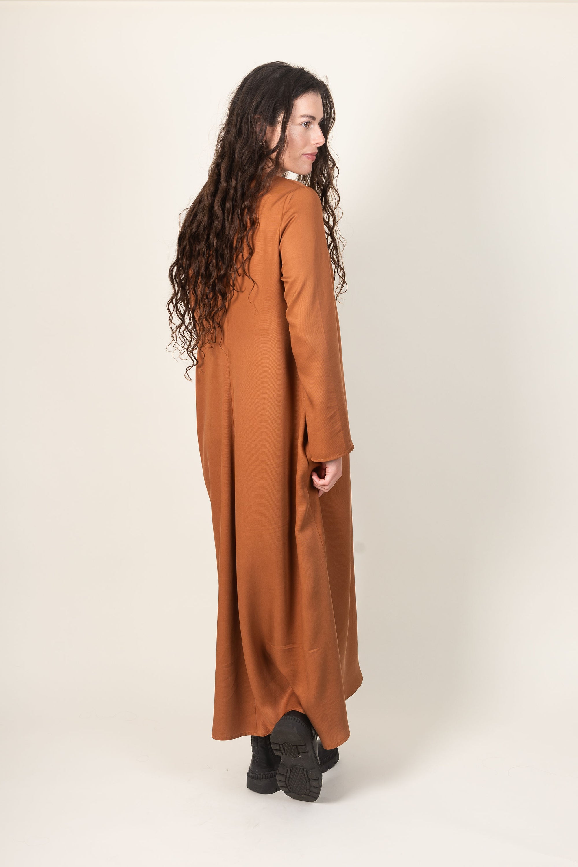 Ames Store Staple Dress in Bronze Winter dress back with black boots
