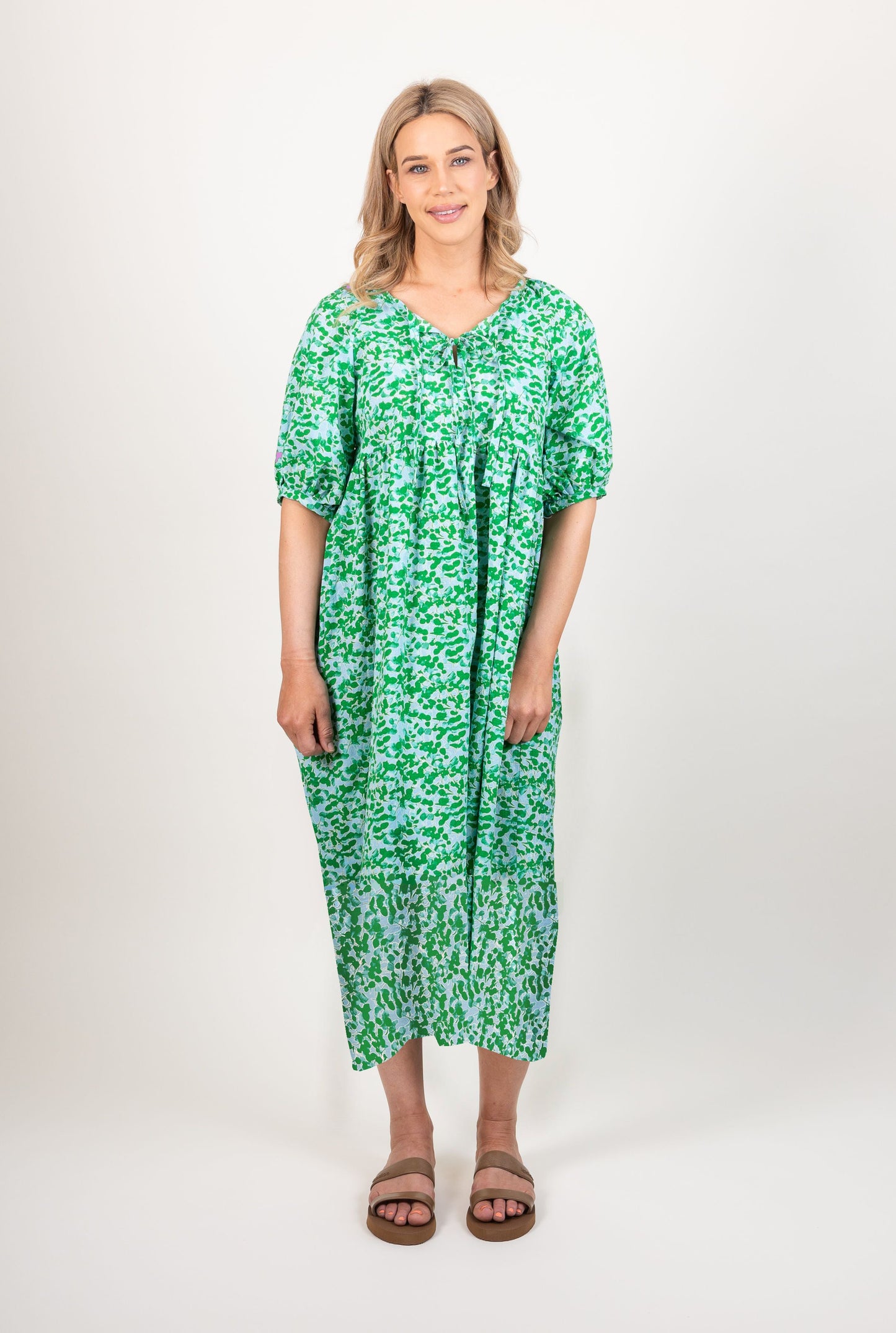 Ames Store Summer Cotton Seersucker Midi Dress Green Blue Print